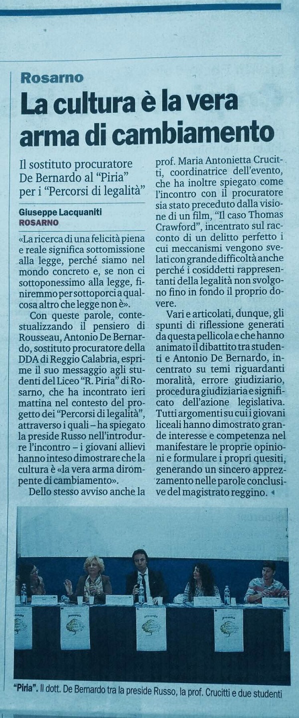 Un nuovo incontro per i Percorsi di legalità con Antonio De Bernardo, procuratore DDA Reggio Calabria